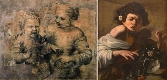 Right: Caravaggio's <i>Boy bitten by a lizard</i> (1594-95) Left: Anguissola's Sketch <i>Boy bitten by a Crawfish</i> (1554)