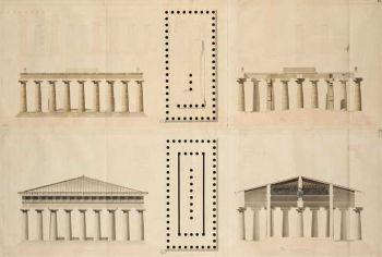 Henri Labrouste's <i>Elevations, plans and cross-sections of the Basilica, current and restored</i> (1828) depicts the classical site's short, almost squat, columns that earlier architects had attributed to limitations in materials and construction techniques, but which Labrouste saw as an intentional artistic choice.