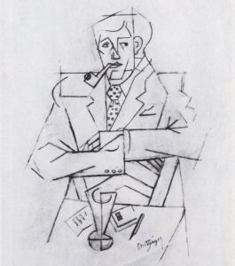 Metzinger's portrait of Guillaume Apollinaire, 1910. Rendered in the Cubist style, the subject is portrayed in crisp geometric lines while sitter and table seem jammed into the foreground of the picture plane. While no direct copy of this work exists in painted form, Metzinger's <i>Man with Pipe (Le Fumeur)</i> (1912-13) bears close similarities to this study.