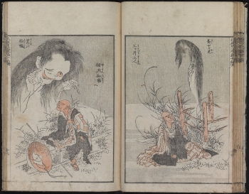 This image depicts Katsushika Hokusai's <i>Katsushika Hokusai</i> from <i>“Hokusai Manga Volume 10”</i> (c. 1860) showing two kabuki theatre scenes featuring two famous ghosts, Oiwa on the left and Okiku on the right, with the priests who calmed their spirits.