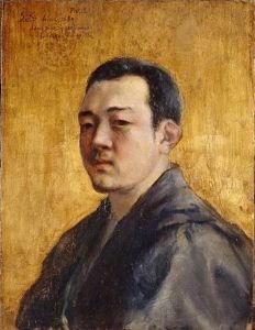Kuroda Seiki's <i>Self-Portrait</i> (1893) shows the artist upon his return to Japan, in traditional dress, in a work that combines oil painting with the gold foil background of more traditional Japanese art.